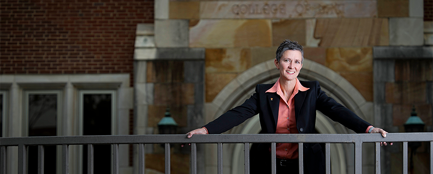 Dean Melanie D. Wilson on the patio of the College of Law.